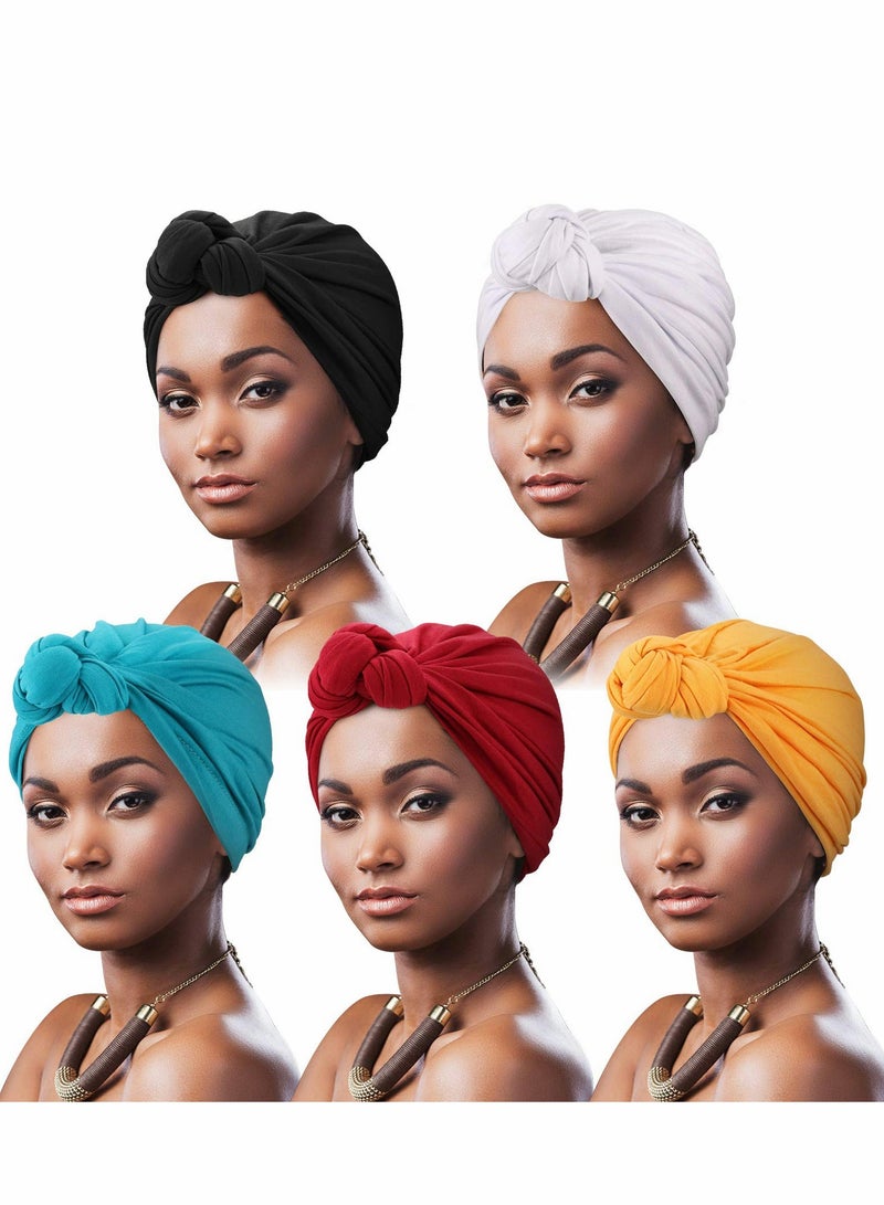 5 Pcs Women's Soft Knotted Turban Headwraps - Fashionable Pleated Beanie & Sleep Hat Set - Image 1
