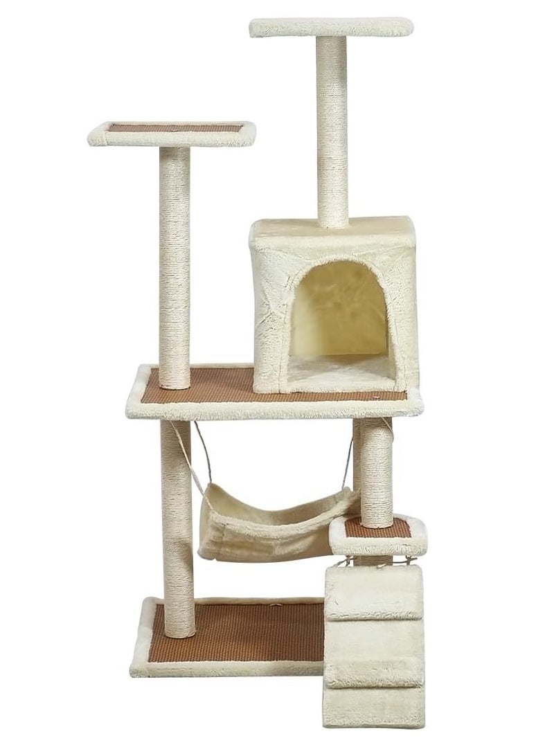 أن ان سي بيتس برج شجرة قطط فاخر مع شقة مريحة وحبل من السيزال وأرجوحة مرحة، هيكل من ألياف الخشب المتين للقطط للتسلق والخدش، شجرة قطط متعددة المستويات مع شقة مغلقة، 124 سم (بيج) - Image 1