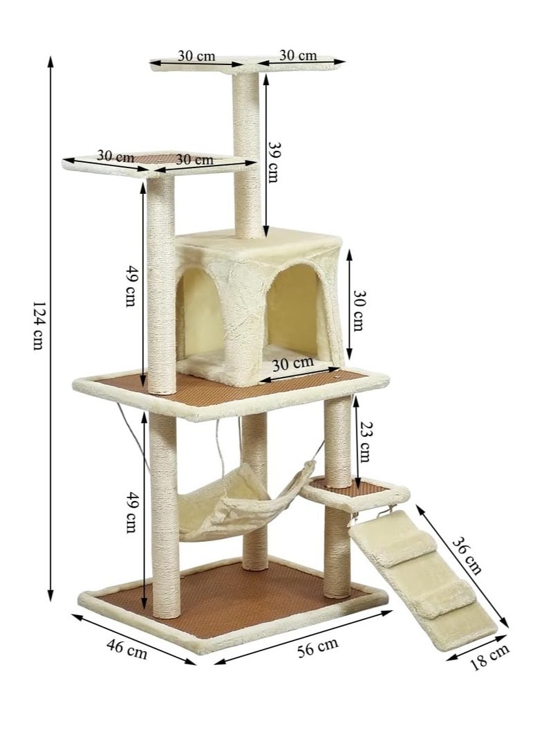 أن ان سي بيتس برج شجرة قطط فاخر مع شقة مريحة وحبل من السيزال وأرجوحة مرحة، هيكل من ألياف الخشب المتين للقطط للتسلق والخدش، شجرة قطط متعددة المستويات مع شقة مغلقة، 124 سم (بيج) - Image 2