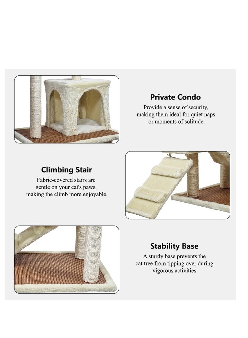 أن ان سي بيتس برج شجرة قطط فاخر مع شقة مريحة وحبل من السيزال وأرجوحة مرحة، هيكل من ألياف الخشب المتين للقطط للتسلق والخدش، شجرة قطط متعددة المستويات مع شقة مغلقة، 124 سم (بيج) - Image 3