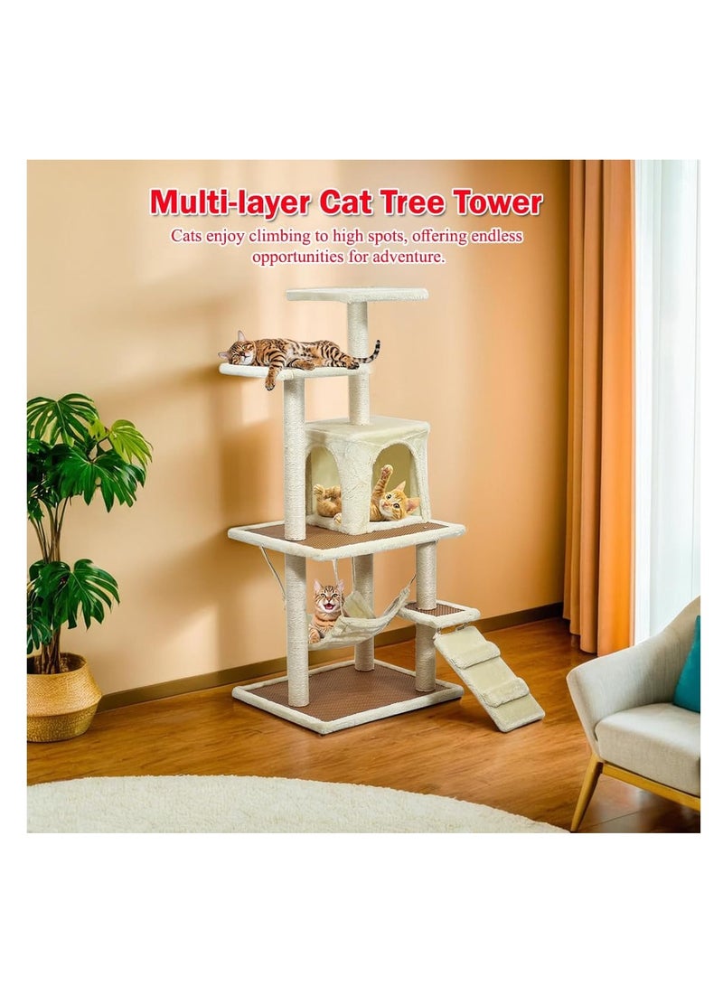أن ان سي بيتس برج شجرة قطط فاخر مع شقة مريحة وحبل من السيزال وأرجوحة مرحة، هيكل من ألياف الخشب المتين للقطط للتسلق والخدش، شجرة قطط متعددة المستويات مع شقة مغلقة، 124 سم (بيج) - Image 5