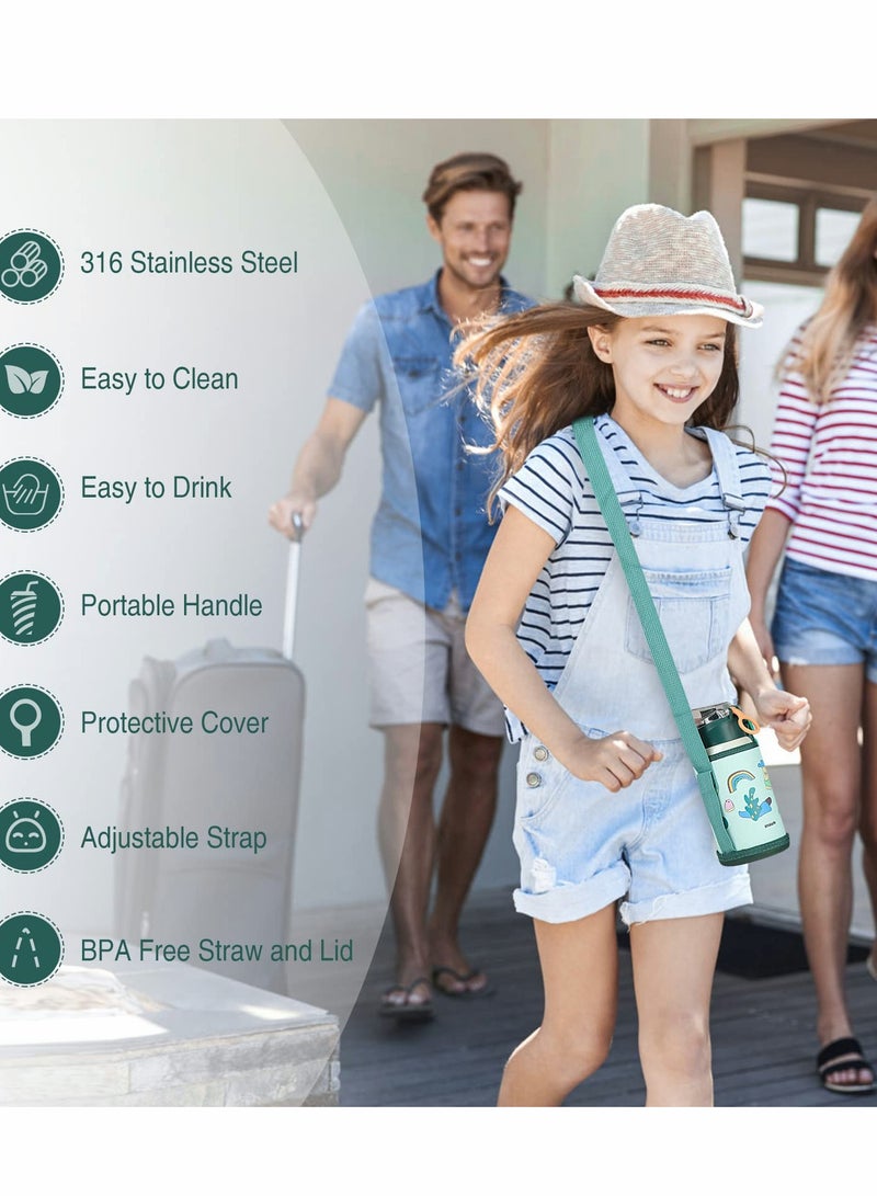 زجاجة مياه معزولة للأطفال مع شفاطة، قارورة رياضية من الفولاذ المقاوم للصدأ، سعة 16 أونصة، غطاءان، غطاء، حزام - أخضر - Image 5