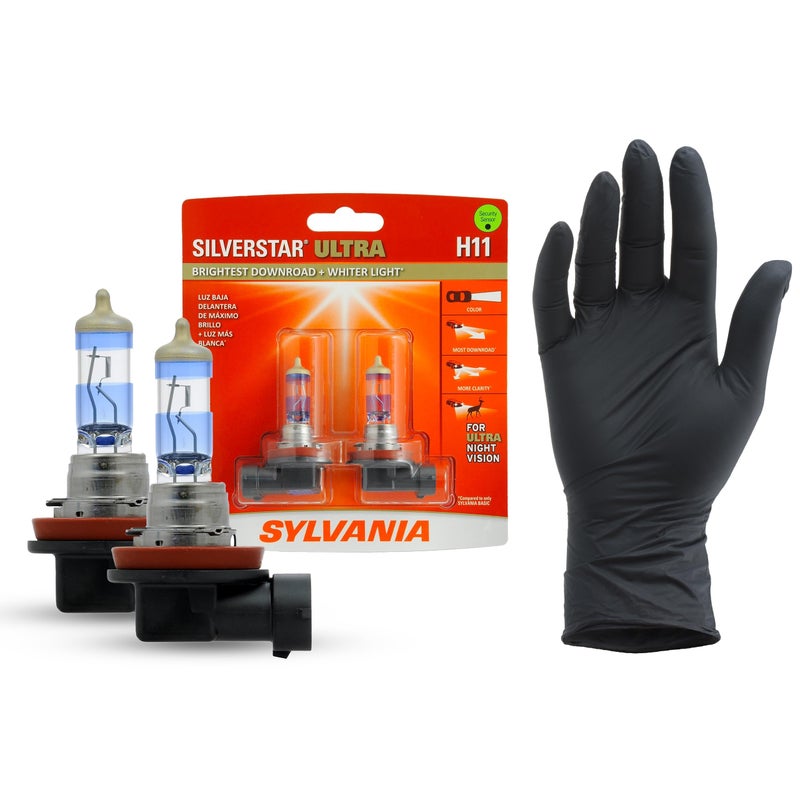 SYLVANIA - H11 SilverStar Ultra plus Free Installation Gloves - High Performance Halogen Headlight Bulb, High Beam, Low Beam, Fog Replacement Bulb, Brightest Downroad Whiter Light (Contains 2 Bulbs) - Image 1