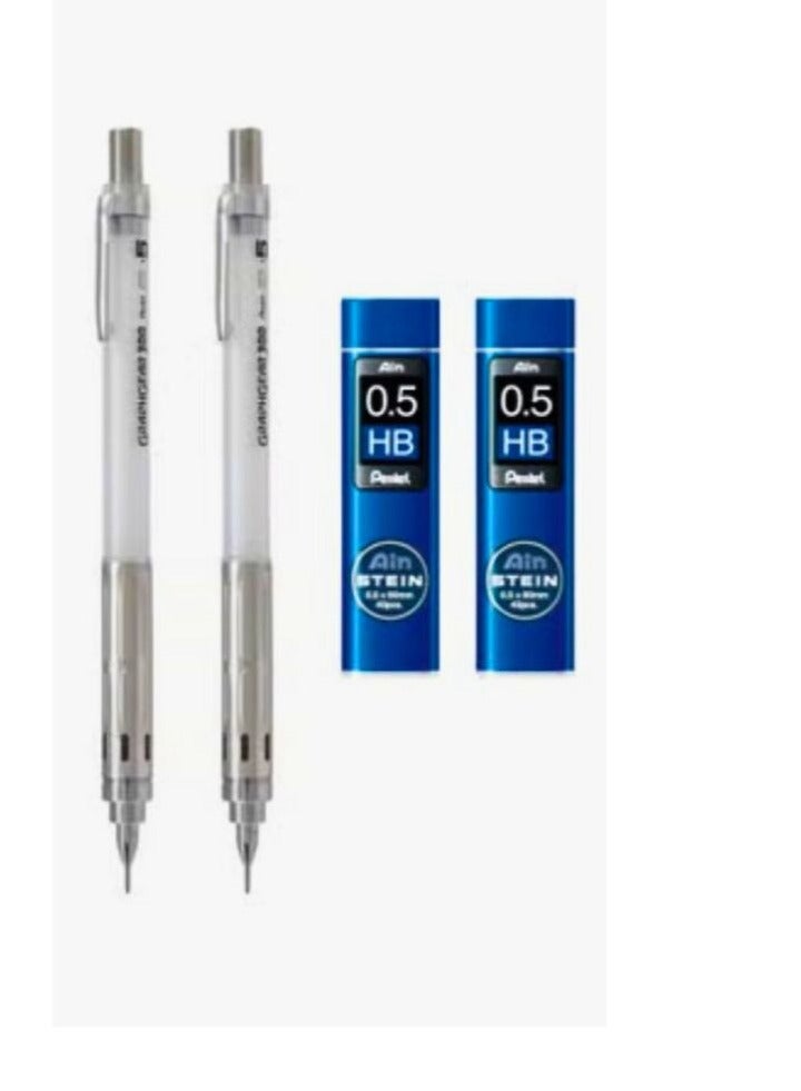 قلم رصاص ميكانيكي جراف جير 300 بقطعتين 0.5 مم برميل أبيض مع عبوتين من الرصاص