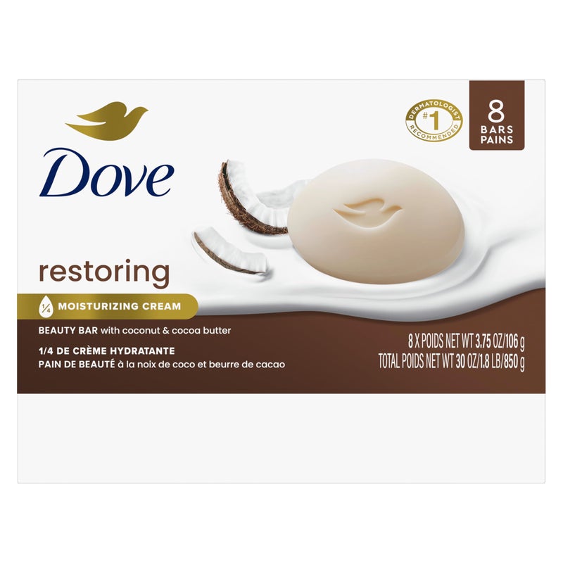 Dove Beauty Bar Soap Restoring Coconut & Cocoa Butter, 8 Bars for Restored Skin, Nourishes Skin 3.75 oz - Image 2