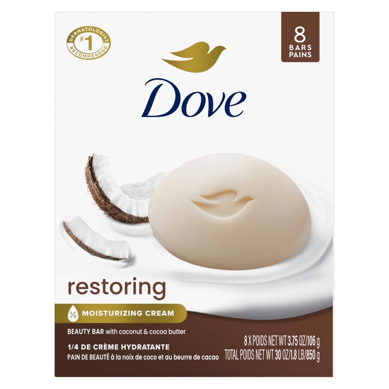 Dove Beauty Bar Soap Restoring Coconut & Cocoa Butter, 8 Bars for Restored Skin, Nourishes Skin 3.75 oz - Image 1