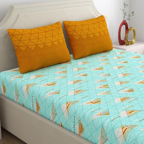 Home Ecstasy 100% Cotton Double Bedsheet with 2 Pillow Covers, 140 TC Geometric Sea Green for Double Bed (7.3ft X 7.7ft) - Image 1