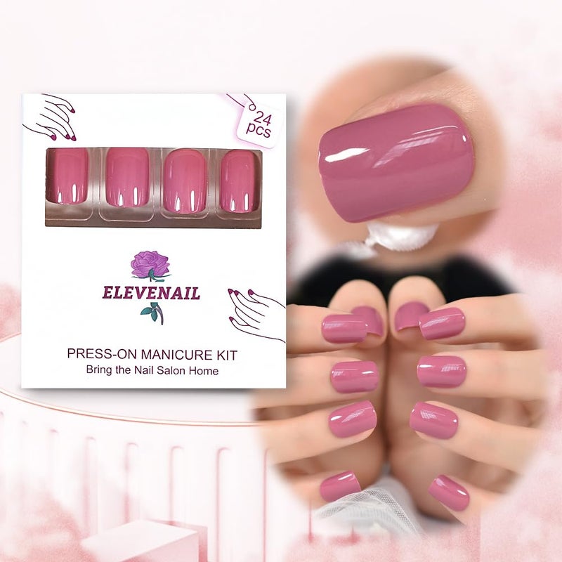 ELEVENAIL Daily Glossy Deep Purple Pink Red Press on False Nails Short Square Fake Fingernails Salon DIY Reusable Acrylic Nail Art Tips Manicure Gifts with Adhesive Tabs Nail File - Image 5
