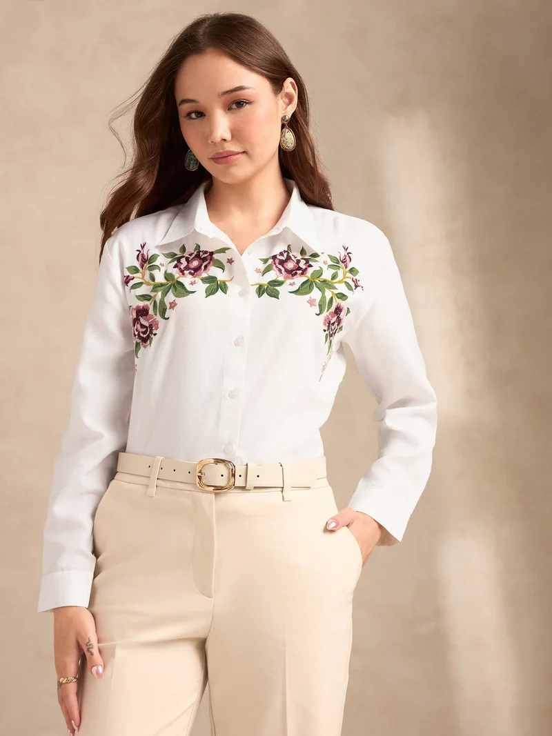 Off White Boxy Shirt With Embroidery Detail