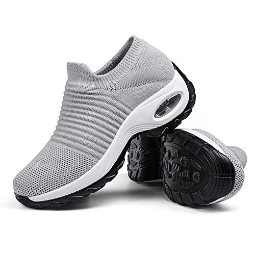 Slow Man Women's Walking Shoes Sock Sneakers - Mesh Slip On Air Cushion Lady Girls Modern Jazz Dance Easy Shoes Platform Loafers Pure Grey,11 - Image 1