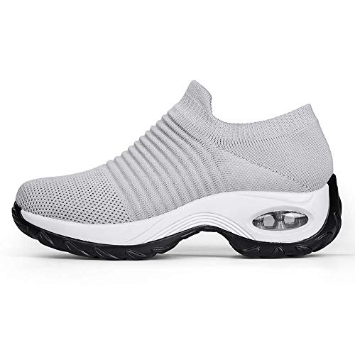 Slow Man Women's Walking Shoes Sock Sneakers - Mesh Slip On Air Cushion Lady Girls Modern Jazz Dance Easy Shoes Platform Loafers Pure Grey,11 - Image 3