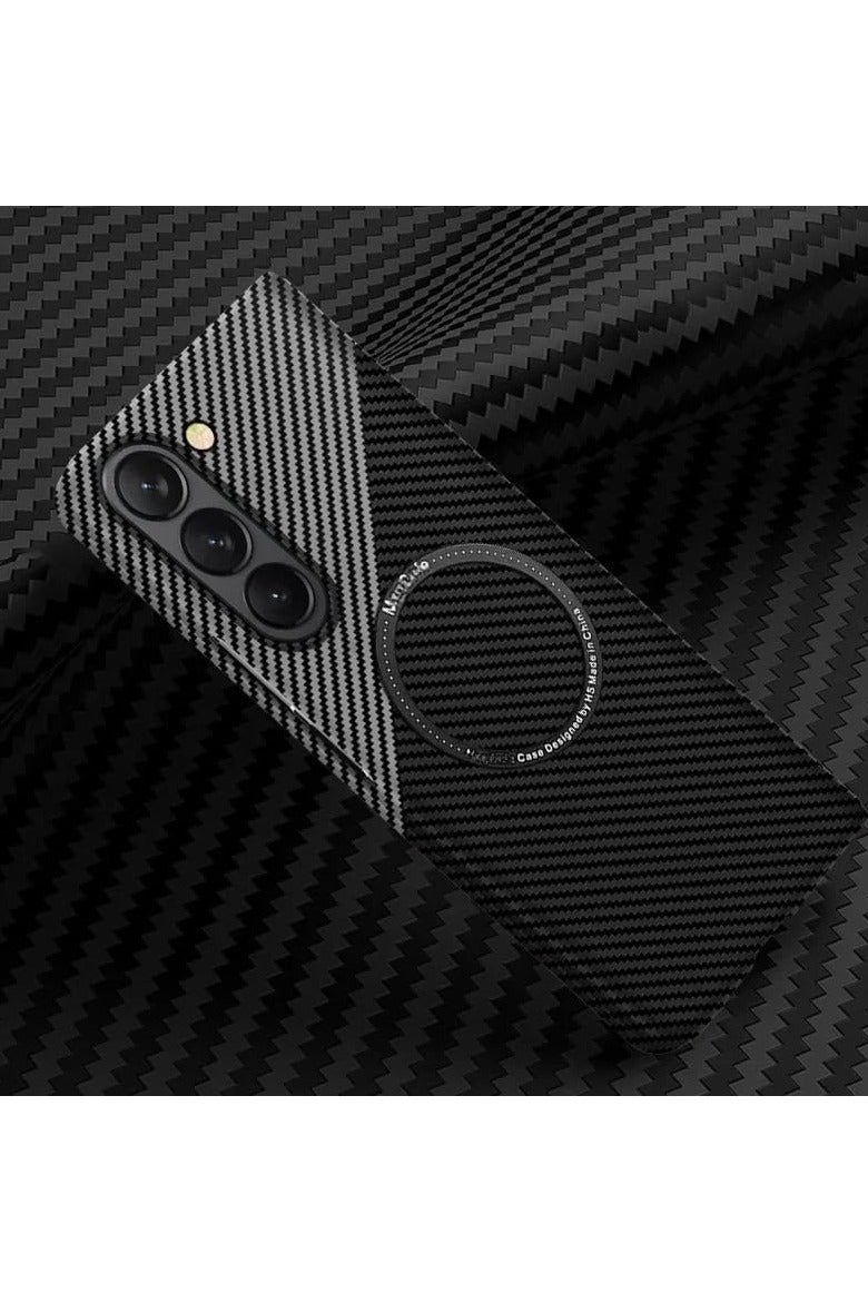 VKL Carbon Fiber Case Compatible with Samsung Galaxy Z Fold 7 5G - Thin Skin Friendly Matte Kevlar Magnetic Wireless Charging Shockproof Cover For Z Fold7 (Black Silver)