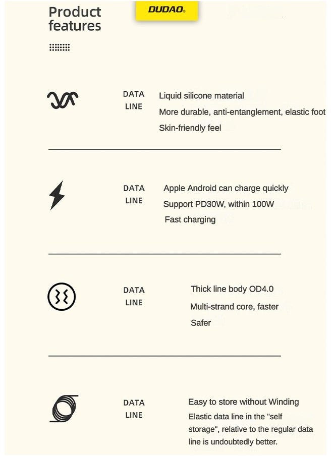 DUDAO - 2-In-1 100W TYPE C Fast Charging Cable, TYPE C to TYPE C and Lightning Cable, with High Temperature Resistant, 1.2M - Image 1