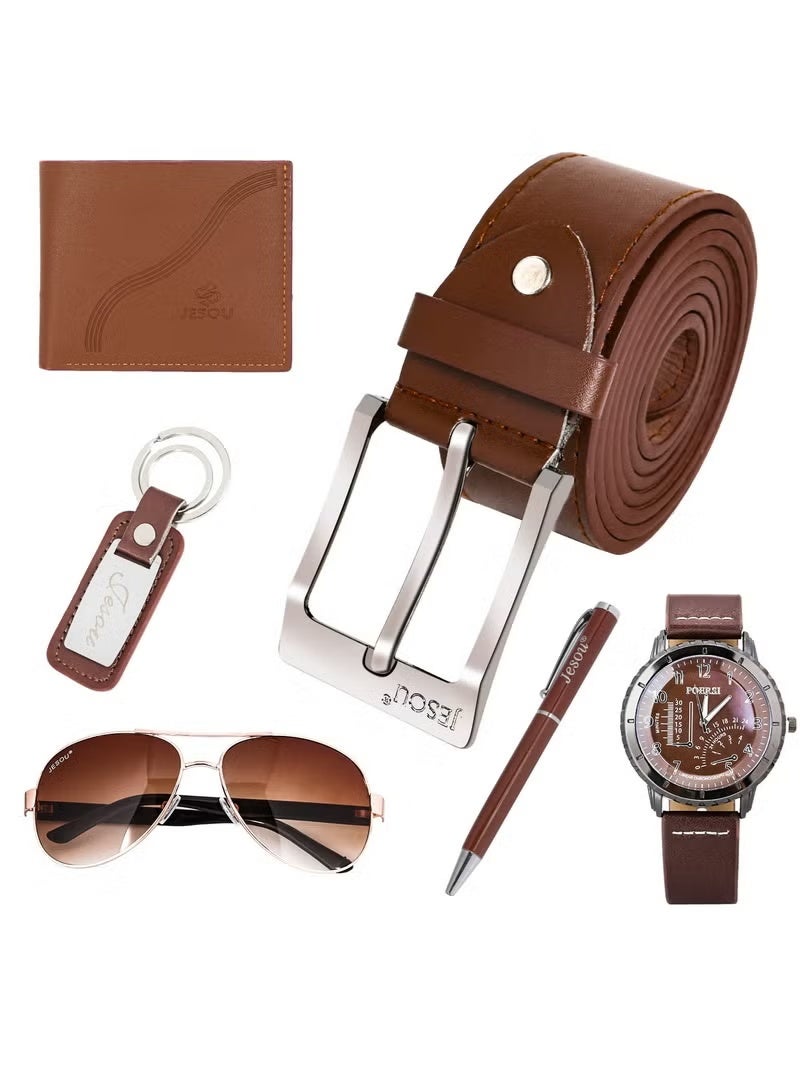 JESOU 6-in-1 Deluxe Gift Set: Sunglasses, Belt, Wallet, Keychain, Signature Pen, and Large Dial Quartz Watch. - Image 3