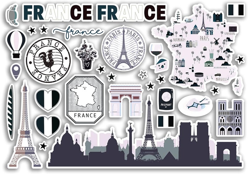 DV DESIGN A5 Sticker Sheet France Landmarks Vinyl Stickers - BW French Paris Eiffel Map Airport Skyline Flag Travel Holiday Country Aesthetic #80307 - Image 1