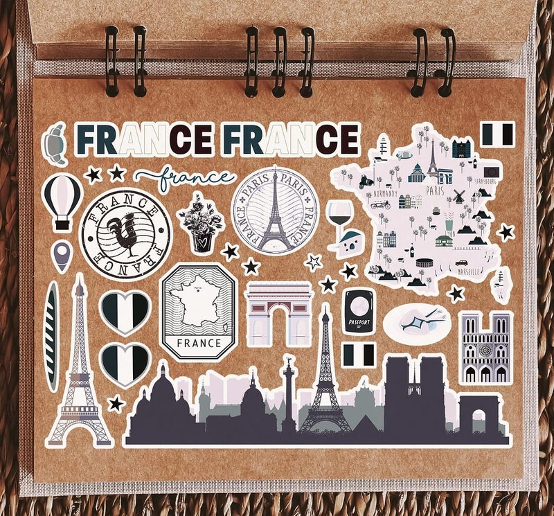 DV DESIGN A5 Sticker Sheet France Landmarks Vinyl Stickers - BW French Paris Eiffel Map Airport Skyline Flag Travel Holiday Country Aesthetic #80307 - Image 2