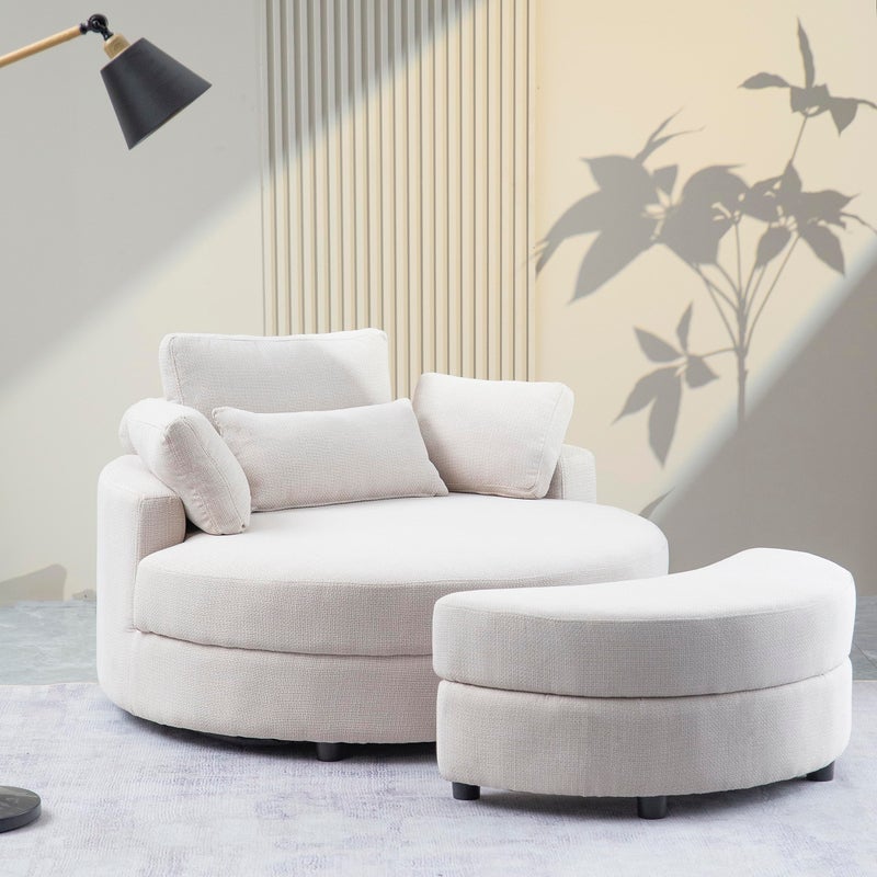 Nutan Oversized Accent Barrel Chair WRemovable HeadrestStorage Ottoman and 4 Pillows 512 Linen Upholstery Barrel  Armchair Leisure Club Cozy Round Sofachair for Home Apartment Hotel Living Room Sets 