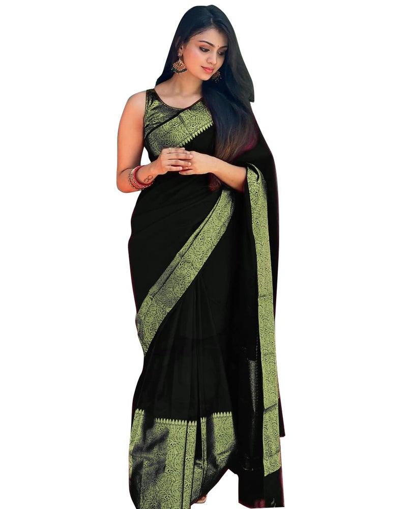 avantika fashion أفانتكا فاشن - ساري باناراسي من الحرير للنساء والفتيات مع قطعة بلوزة (كوفاي باتتو_أسود) - Image 1