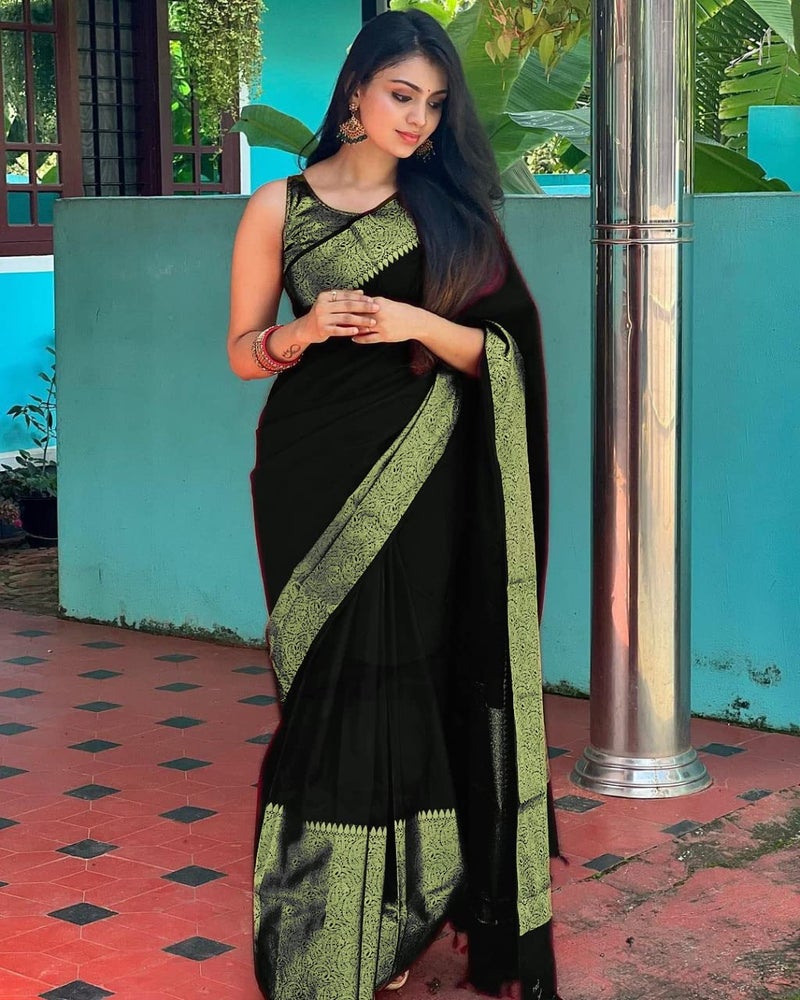 avantika fashion أفانتكا فاشن - ساري باناراسي من الحرير للنساء والفتيات مع قطعة بلوزة (كوفاي باتتو_أسود) - Image 2
