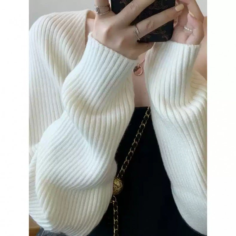 Fall French Knitted Open Cardigan Womens Shoulder Wrap Small Cannon Strap Outerwear Loose Cover Thin Outer Jacket Top White 