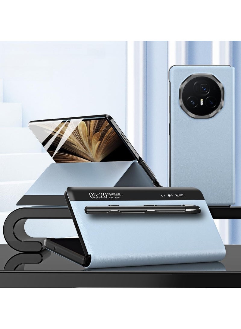 Hard Leather Case Compatible Honor Magic V5 Case with Foldable Stand and Pen Holder, Smart Window Leather Shock and Drop Protection Case