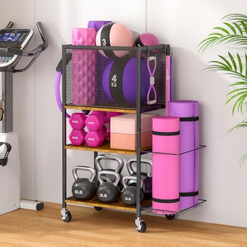 3IngSeagulls 3 Tier Dumbbell Rack, Yoga Mat Storage Holder, Home Gym Storage Rack, Workout Equipment Storage Organizer, Weight Storage Holder Rack with Hooks and Wheels - Image 1