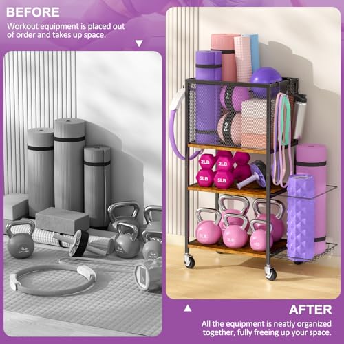 3IngSeagulls 3 Tier Dumbbell Rack, Yoga Mat Storage Holder, Home Gym Storage Rack, Workout Equipment Storage Organizer, Weight Storage Holder Rack with Hooks and Wheels - Image 5