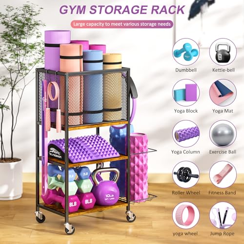 3IngSeagulls 3 Tier Dumbbell Rack, Yoga Mat Storage Holder, Home Gym Storage Rack, Workout Equipment Storage Organizer, Weight Storage Holder Rack with Hooks and Wheels - Image 4