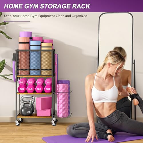 3IngSeagulls 3 Tier Dumbbell Rack, Yoga Mat Storage Holder, Home Gym Storage Rack, Workout Equipment Storage Organizer, Weight Storage Holder Rack with Hooks and Wheels - Image 3