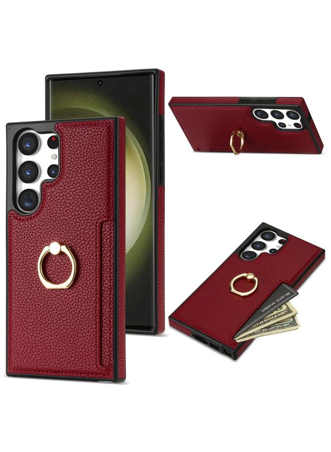 The Bros Case For Samsung Galaxy S23 Ultra 5G Ring Card Litchi Leather Back Phone Case