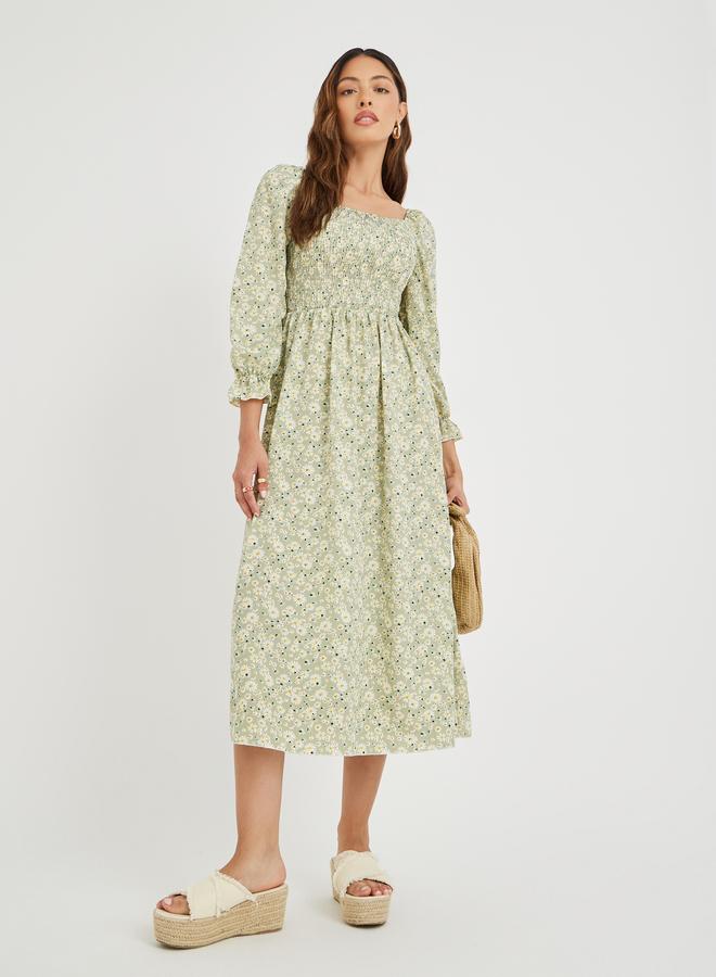 تايك تو فستان ميدي نسائي أخضر بطبعة زهور بياقة مربعة وسموك وخط - Image 1