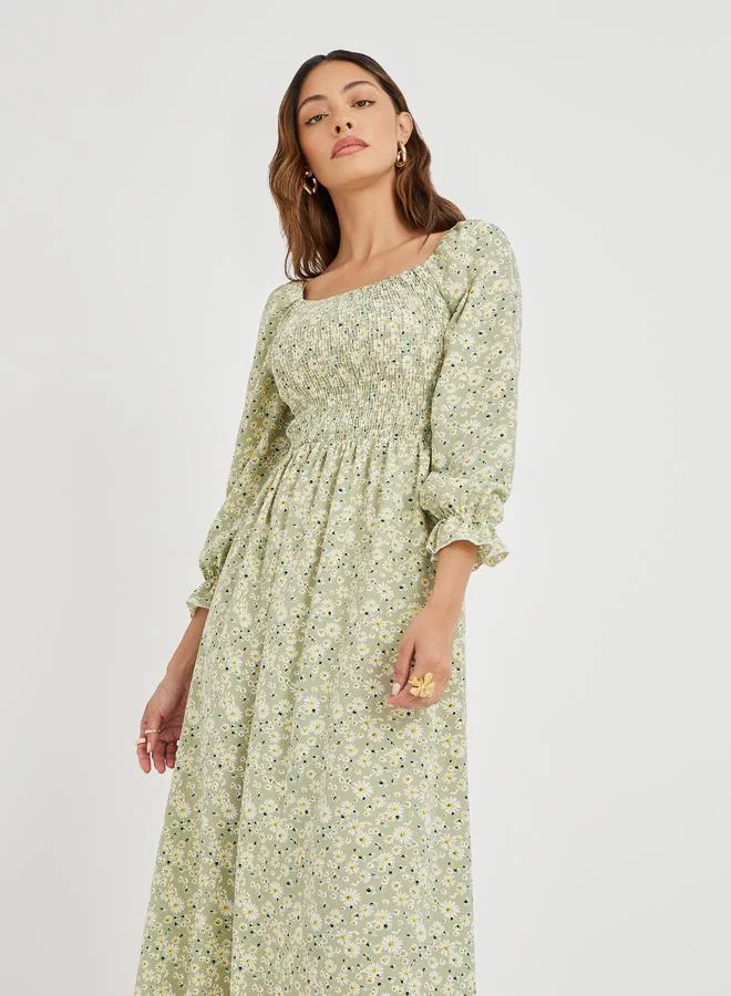 Take Two Take Two Women Green Floral Print Square Neck Smocked A-Line Midi Dress