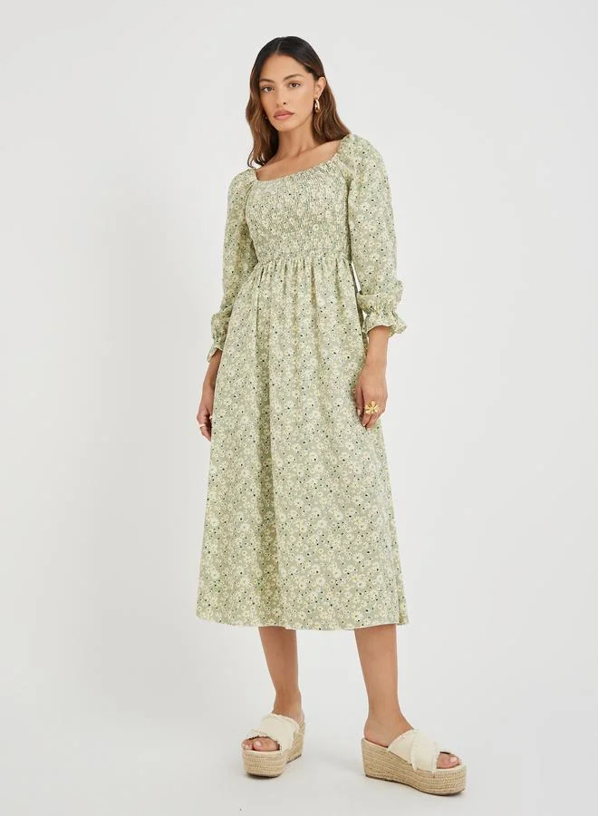 Take Two Take Two Women Green Floral Print Square Neck Smocked A-Line Midi Dress