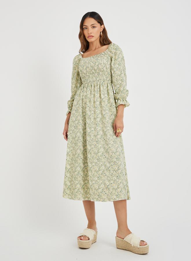 تايك تو فستان ميدي نسائي أخضر بطبعة زهور بياقة مربعة وسموك وخط - Image 2