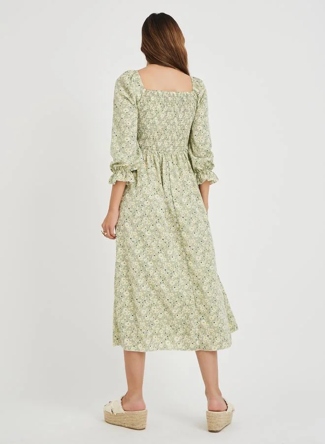 Take Two Take Two Women Green Floral Print Square Neck Smocked A-Line Midi Dress