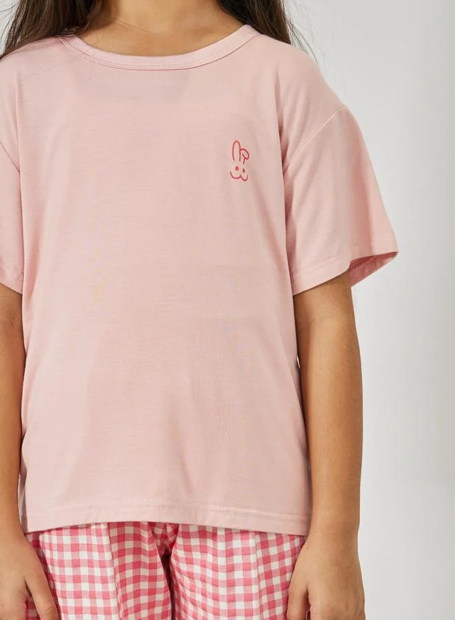 Styli Plain T-Shirt & Gingham Checked Shorts Set