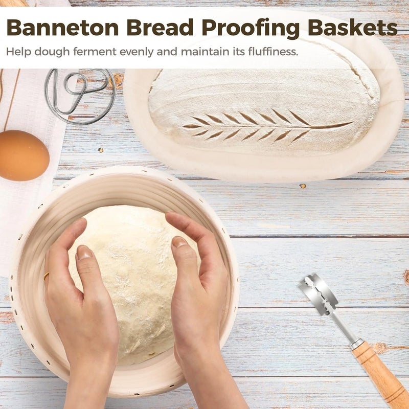 Bread Making Tools, Sourdough Tools Kit, Bread Proofing Baskets Set, 9 Round & 10 Oval Baking Baskets with Sifter, Bread Lame, Danish Whisk, Dough Scrapers, and Cleaning Brush - Image 5