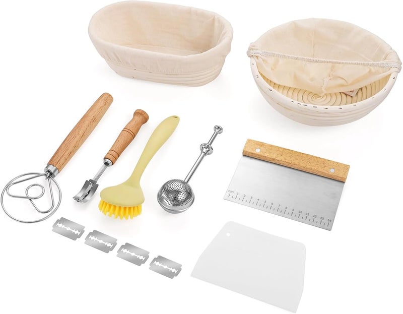 Bread Making Tools, Sourdough Tools Kit, Bread Proofing Baskets Set, 9 Round & 10 Oval Baking Baskets with Sifter, Bread Lame, Danish Whisk, Dough Scrapers, and Cleaning Brush - Image 2