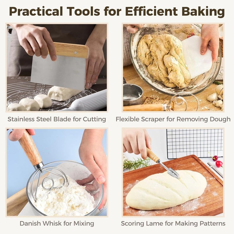 Bread Making Tools, Sourdough Tools Kit, Bread Proofing Baskets Set, 9 Round & 10 Oval Baking Baskets with Sifter, Bread Lame, Danish Whisk, Dough Scrapers, and Cleaning Brush - Image 3