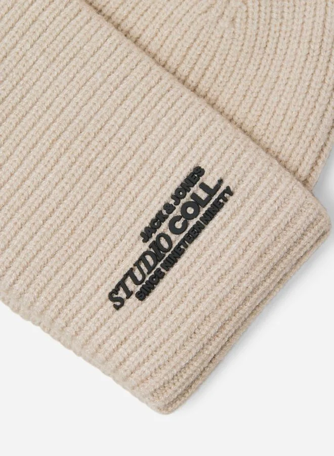 JACK & JONES Beige Flat Knit Folded Beanie
