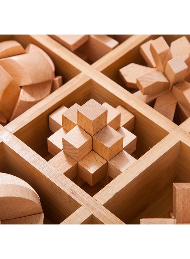 Children's Luban Lock Full Set Of Puzzle Burning Brain For Primary School Students Difficulty Adult Kongming Lock Unlock Toy 8-10 Years Old-Color:Deluxe Wooden Box Beech Nine-piece Set C Package】  - Image 5