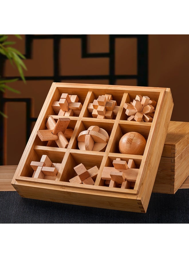 Children's Luban Lock Full Set Of Puzzle Burning Brain For Primary School Students Difficulty Adult Kongming Lock Unlock Toy 8-10 Years Old-Color:Deluxe Wooden Box Beech Nine-piece Set C Package】  - Image 1