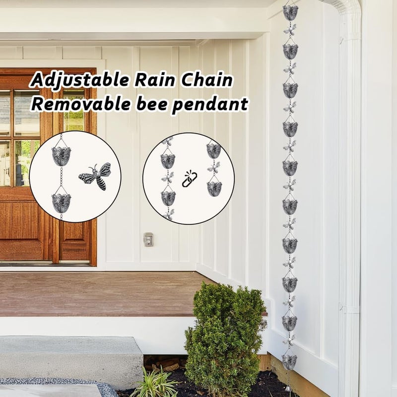 Qipade Store 7.8 FT Rain Chain, Metal Rain Gutter Chains with 10 Cups & Detachable Bees Decor, Adjustable Rain Catcher Chain with Bell for Eaves Drainage, Replacement for Downspout - Image 4