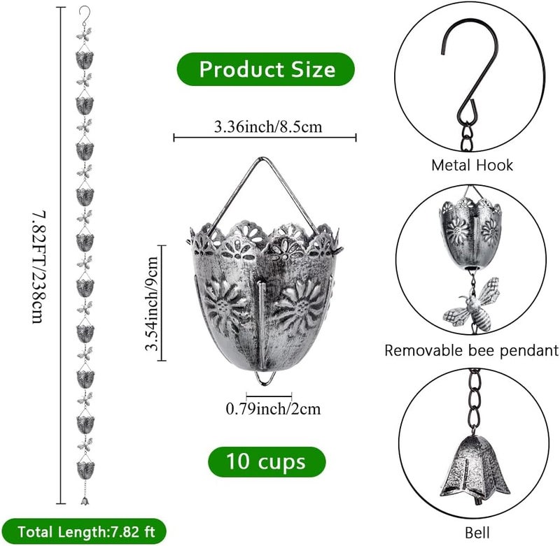 Qipade Store 7.8 FT Rain Chain, Metal Rain Gutter Chains with 10 Cups & Detachable Bees Decor, Adjustable Rain Catcher Chain with Bell for Eaves Drainage, Replacement for Downspout - Image 2