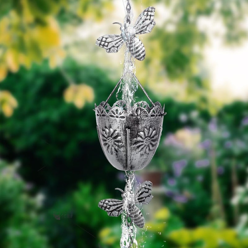 Qipade Store 7.8 FT Rain Chain, Metal Rain Gutter Chains with 10 Cups & Detachable Bees Decor, Adjustable Rain Catcher Chain with Bell for Eaves Drainage, Replacement for Downspout - Image 1
