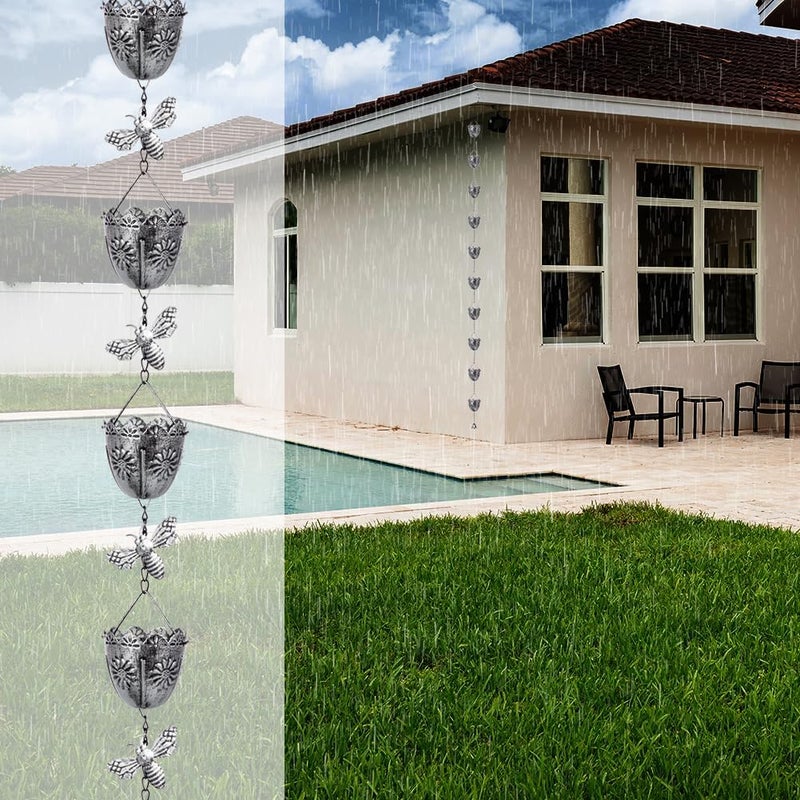 Qipade Store 7.8 FT Rain Chain, Metal Rain Gutter Chains with 10 Cups & Detachable Bees Decor, Adjustable Rain Catcher Chain with Bell for Eaves Drainage, Replacement for Downspout - Image 5