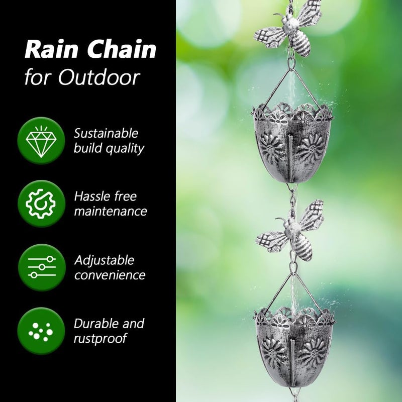 Qipade Store 7.8 FT Rain Chain, Metal Rain Gutter Chains with 10 Cups & Detachable Bees Decor, Adjustable Rain Catcher Chain with Bell for Eaves Drainage, Replacement for Downspout - Image 3
