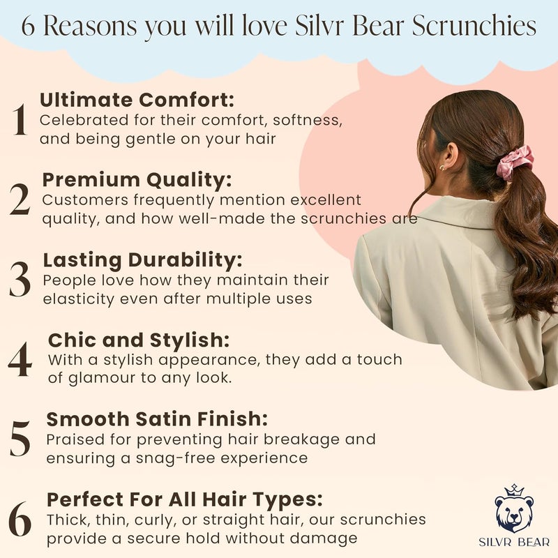 Silvr Bear Luxury Satin Scrunchies Set for Women, Girls | Anti-Hair-Breakage Hair Ties - Image 2
