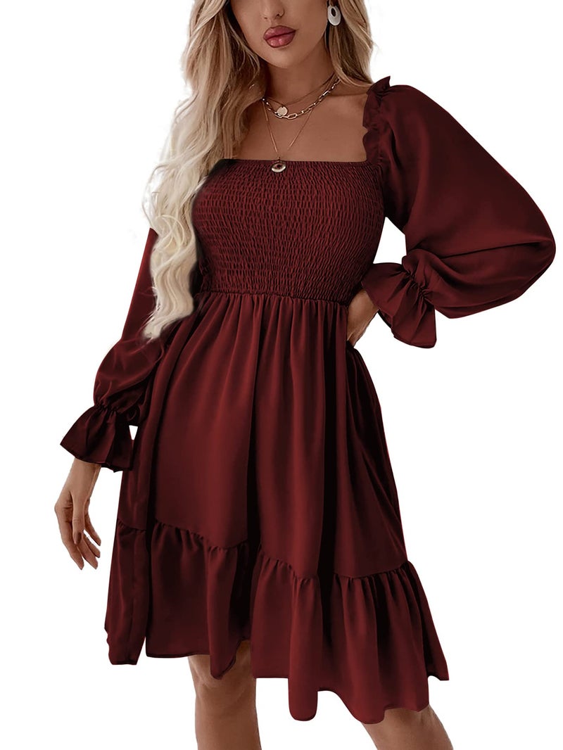 LYANER Women's Square Neck Lantern Long Sleeve Ruffle Shirred Flowy Party Mini Dress Solid Wine Red Medium - Image 1