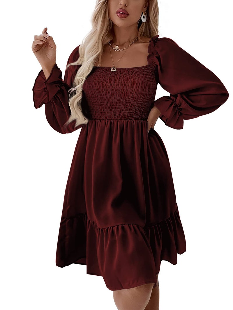 LYANER Women's Square Neck Lantern Long Sleeve Ruffle Shirred Flowy Party Mini Dress Solid Wine Red Medium - Image 5